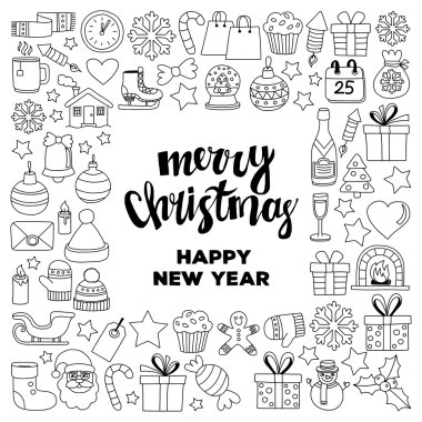 Doodle vektör simgeler neşeli Noel ve mutlu yeni yıl
