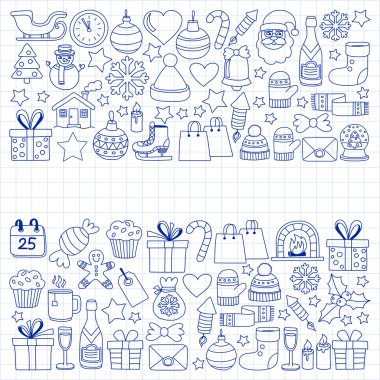 Doodle vektör simgeler neşeli Noel ve mutlu yeni yıl