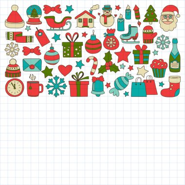 Doodle vektör simgeler neşeli Noel ve mutlu yeni yıl