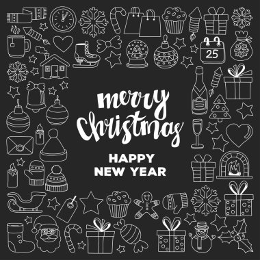 Doodle vektör simgeler neşeli Noel ve mutlu yeni yıl