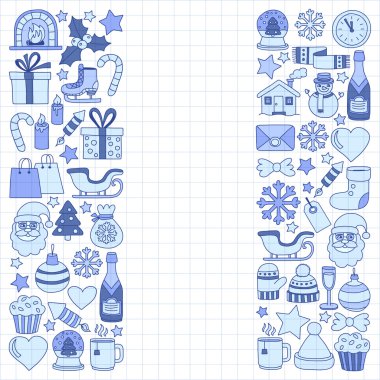 Doodle vektör simgeler neşeli Noel ve mutlu yeni yıl