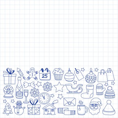 Doodle vektör simgeler neşeli Noel ve mutlu yeni yıl