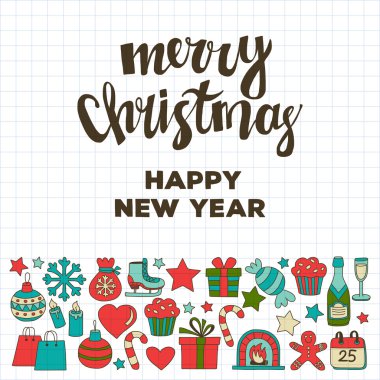 Doodle vektör simgeler neşeli Noel ve mutlu yeni yıl