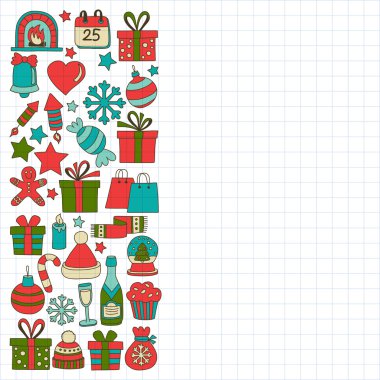 Doodle vektör simgeler neşeli Noel ve mutlu yeni yıl