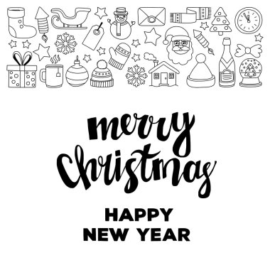 Doodle vektör simgeler neşeli Noel ve mutlu yeni yıl