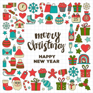 Doodle vektör simgeler neşeli Noel ve mutlu yeni yıl