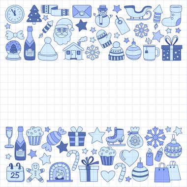 Doodle vektör simgeler neşeli Noel ve mutlu yeni yıl