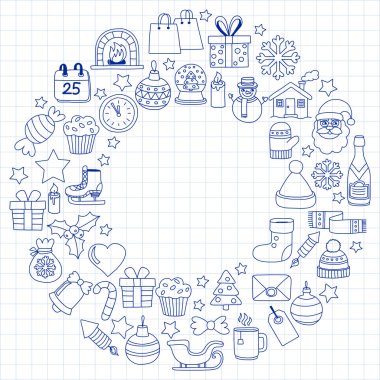 Doodle vektör simgeler neşeli Noel ve mutlu yeni yıl