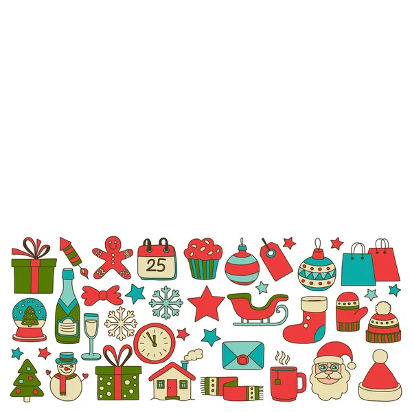 Doodle vector iconen vrolijk kerstfeest en gelukkig Nieuwjaar — Stockvector