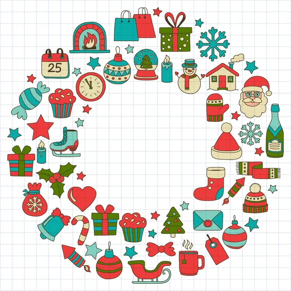 Doodle-Vektor-Symbole frohe Weihnachten und ein gutes neues Jahr — Stockvektor