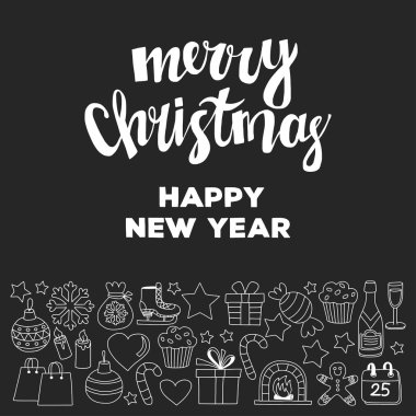 Doodle vektör simgeler neşeli Noel ve mutlu yeni yıl