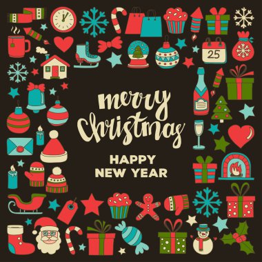 Doodle vektör simgeler neşeli Noel ve mutlu yeni yıl