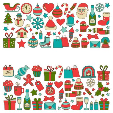 Doodle vektör simgeler neşeli Noel ve mutlu yeni yıl