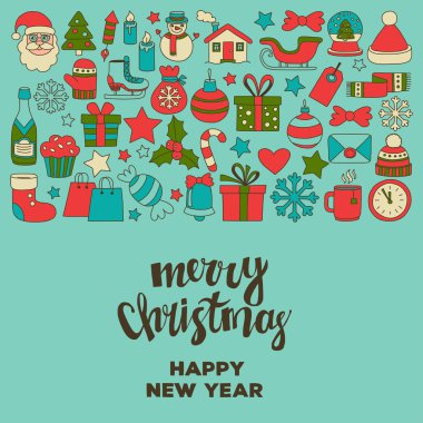 Doodle vektör simgeler neşeli Noel ve mutlu yeni yıl