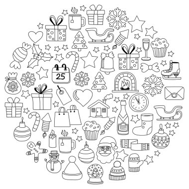 Doodle vektör simgeler neşeli Noel ve mutlu yeni yıl