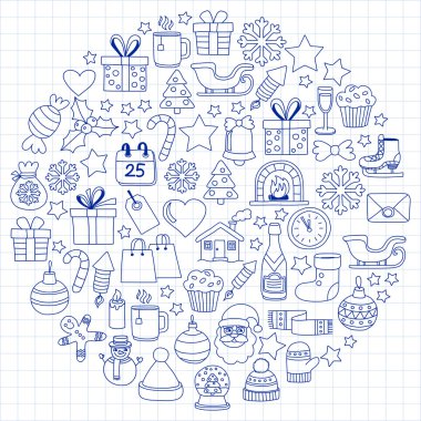 Doodle vektör simgeler neşeli Noel ve mutlu yeni yıl