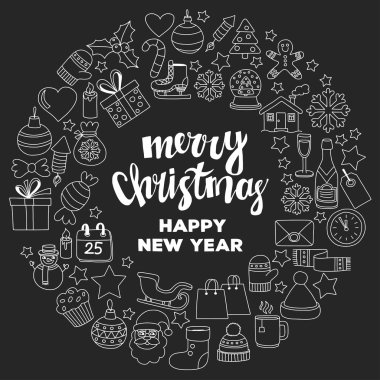 Doodle vektör simgeler neşeli Noel ve mutlu yeni yıl