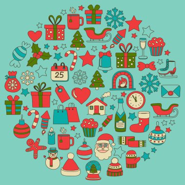 Doodle vektör simgeler neşeli Noel ve mutlu yeni yıl