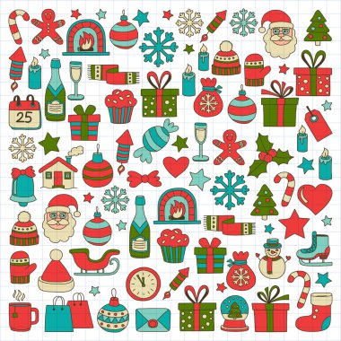 Doodle vektör simgeler neşeli Noel ve mutlu yeni yıl