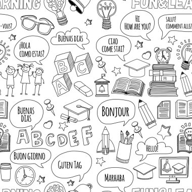 Dil Okulu Doodle vektör set