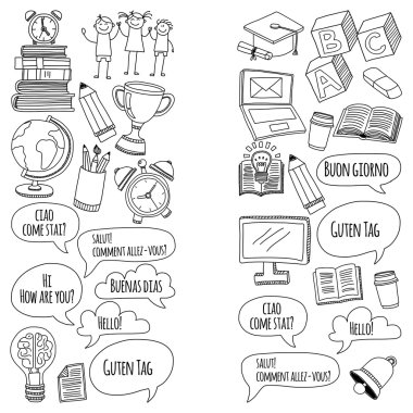 Dil Okulu Doodle vektör set