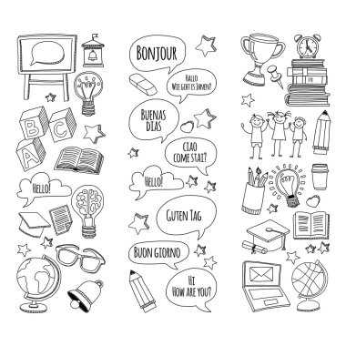 Dil Okulu Doodle vektör set