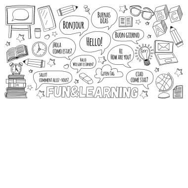 Dil Okulu Doodle vektör set