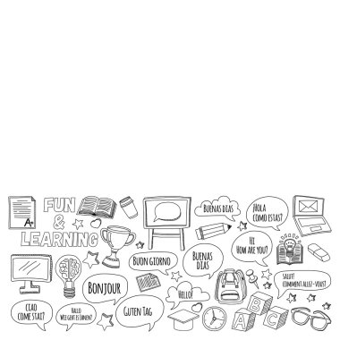 Dil Okulu Doodle vektör set