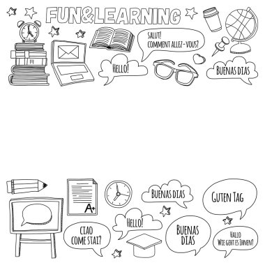 Dil Okulu Doodle vektör set