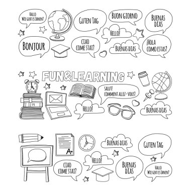 Dil Okulu Doodle vektör set