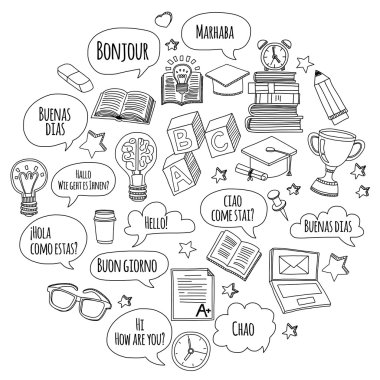 Dil Okulu Doodle vektör set