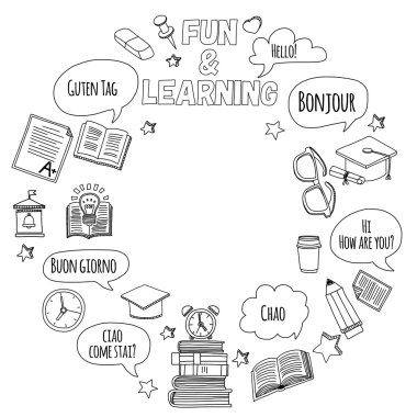 Dil Okulu Doodle vektör set