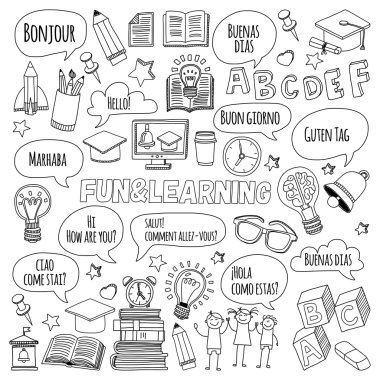 Dil Okulu Doodle vektör set