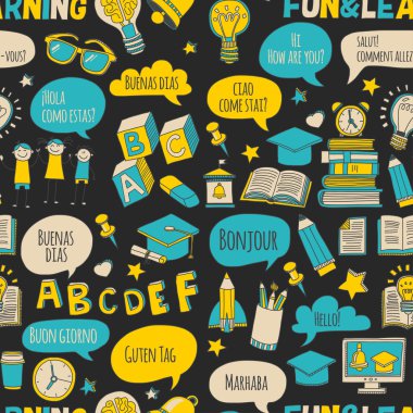 Dil Okulu doodle simgeler yazı tahtası