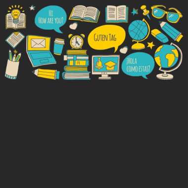 Dil Okulu doodle simgeler yazı tahtası