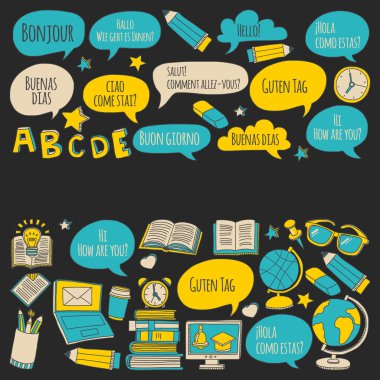 Dil Okulu doodle simgeler yazı tahtası