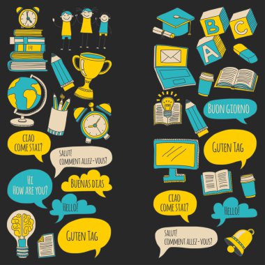 Dil Okulu doodle simgeler yazı tahtası