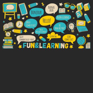 Dil Okulu doodle simgeler yazı tahtası