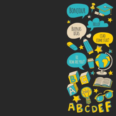 Dil Okulu doodle simgeler yazı tahtası