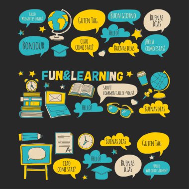 Dil Okulu doodle simgeler yazı tahtası