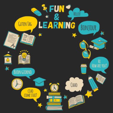 Dil Okulu doodle simgeler yazı tahtası