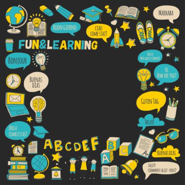 Dil Okulu doodle simgeler yazı tahtası