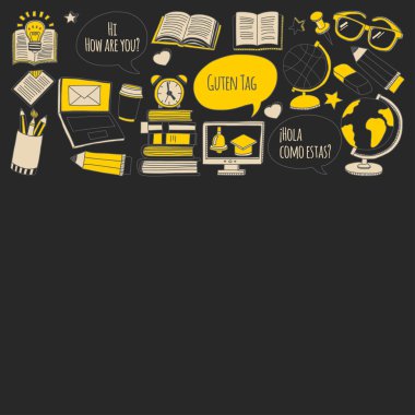 Dil Okulu doodle simgeler yazı tahtası