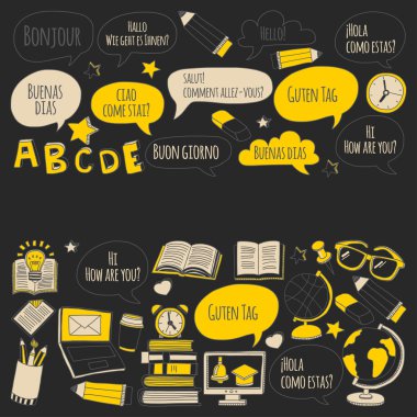 Dil Okulu doodle simgeler yazı tahtası