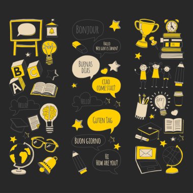 Dil Okulu doodle simgeler yazı tahtası