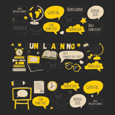 Dil Okulu doodle simgeler yazı tahtası