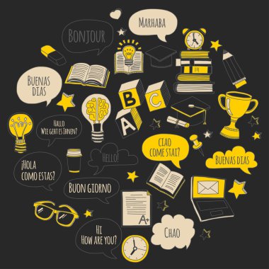 Dil Okulu doodle simgeler yazı tahtası