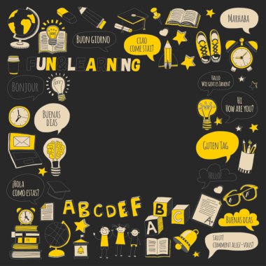 Dil Okulu doodle simgeler yazı tahtası