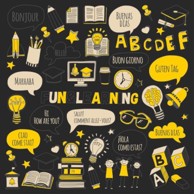 Dil Okulu doodle simgeler yazı tahtası