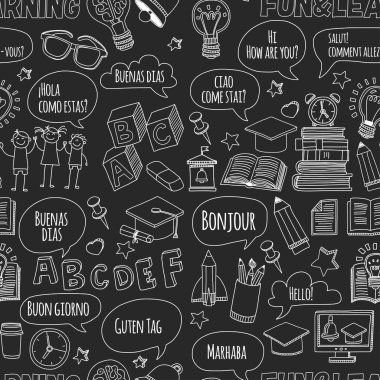 Dil Okulu doodle simgeler yazı tahtası